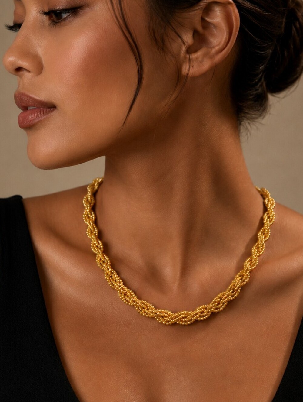VTG Gold Glass Beaded Twisted Braided Bayadere Necklace
